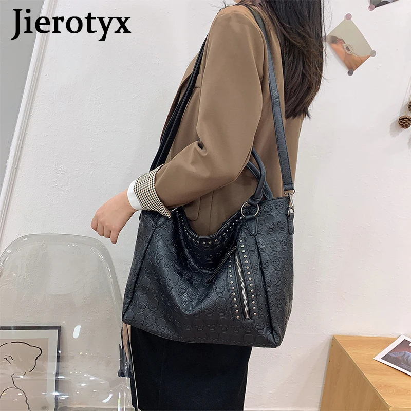 JIEROTYX Leather Handbags Bg Women Bags High Quality Trunk Tote Spanish Brand Shoulder Bag Femals Gothic Dark Skull Large