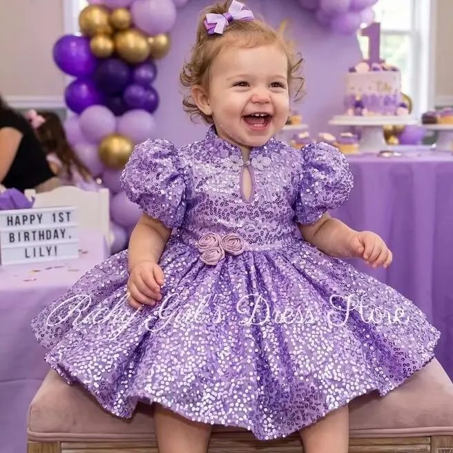 Customized Girls Birthday Dress Sparkly Sequin Purple Flower Girl Dress With Sleeves Knee Length Princess Pageant Ball Gown