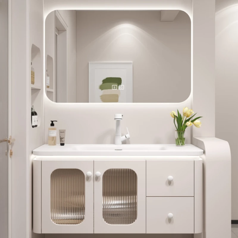 Ceramic Whole Washbin Cream Style Bathroom Cabinet Combination Hand Washing Washbasin Cabinet Skin Feeling Corian