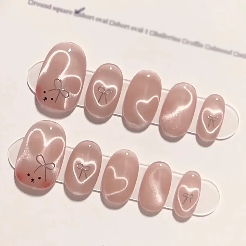 24 Piece Cute Sweet Cat's Eye Nail Pink Love Bow Wearing Nail Short Powder Blusher Wearing Nail Wholesale