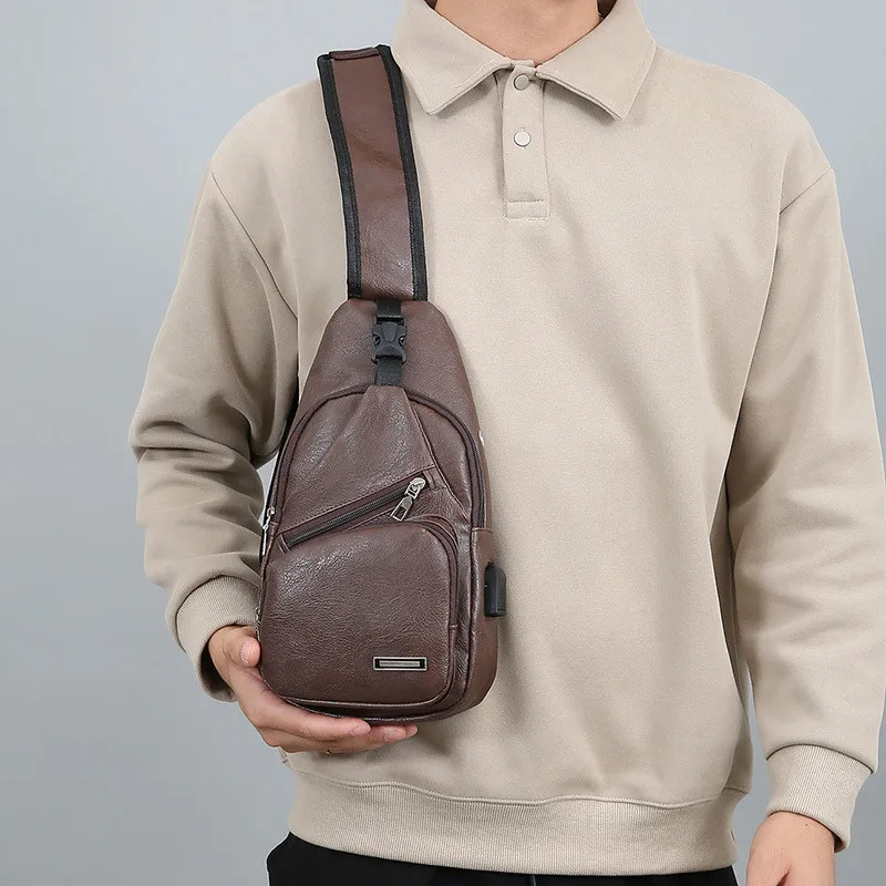 Bolso de pecho de Pu para hombre, bolsa de mensajero informal de gran capacidad, portátil, deportiva, Simple, Color sólido