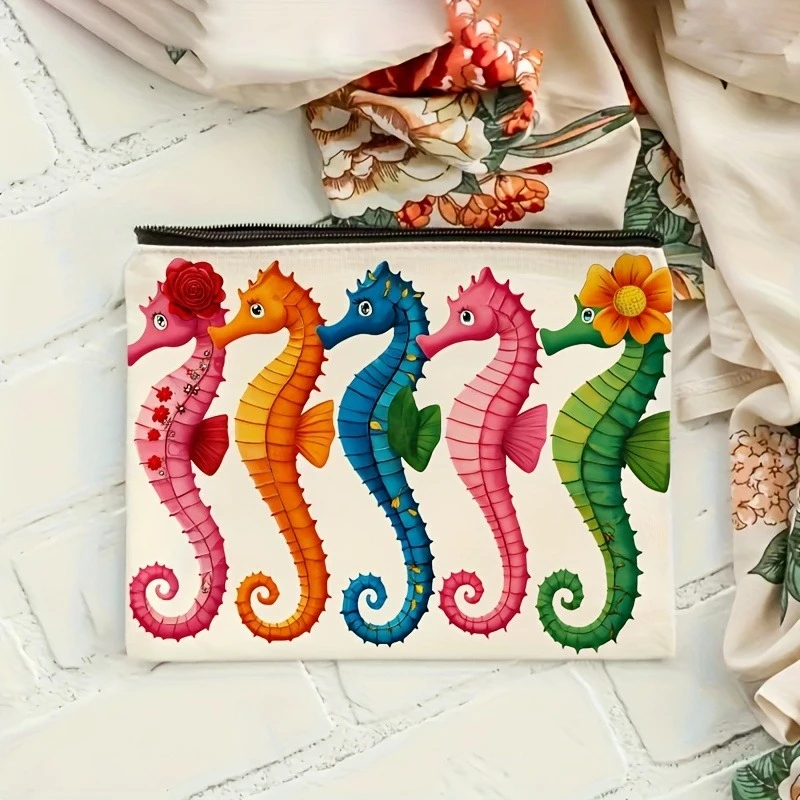 Cute Colorful Seahorse Print Makeup Bag Octopus Seaweed Summer Ocean Theme Cosmetic Pouch Toiletry Bag, Pencil Case