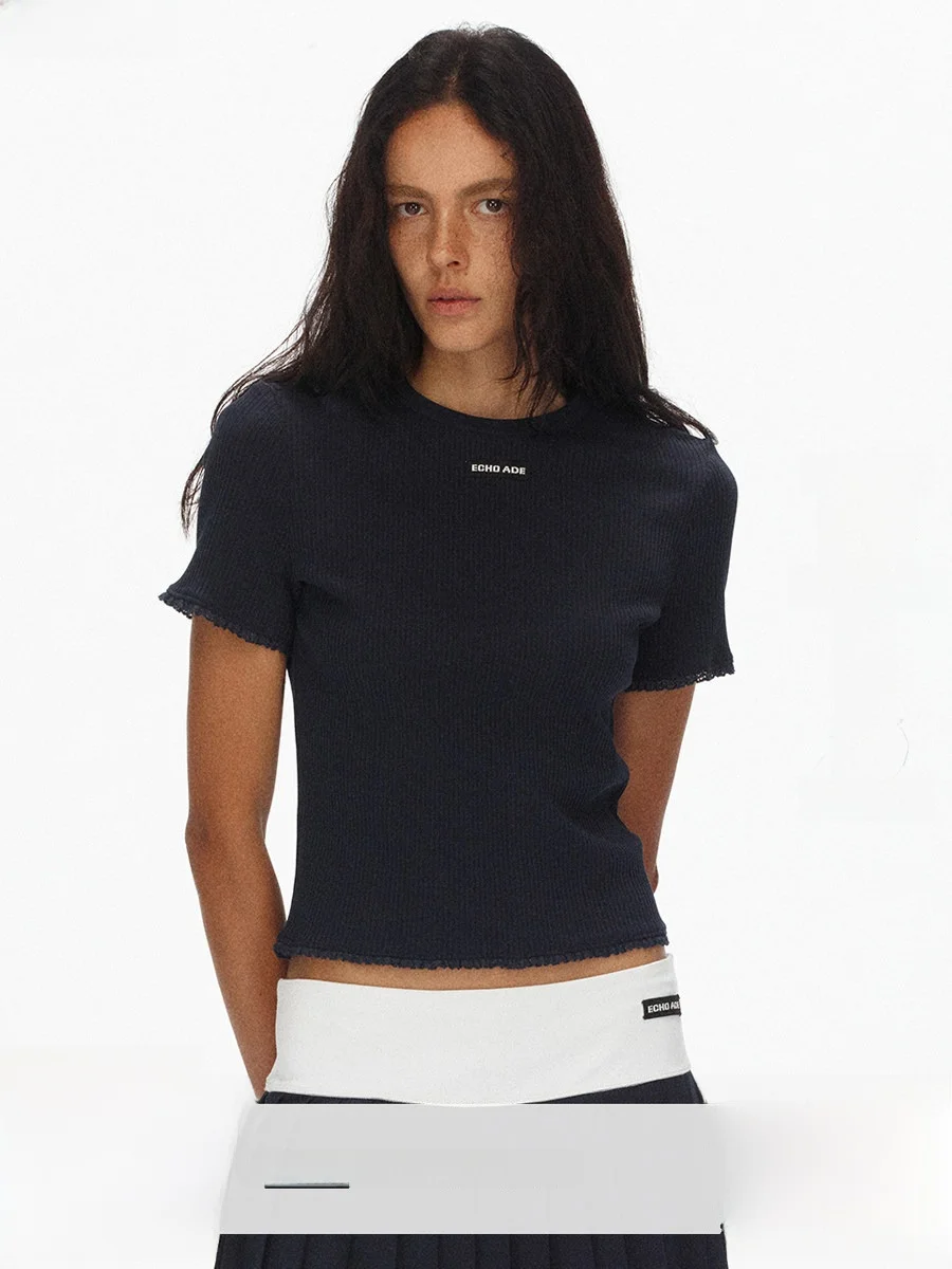  Ade Classic Knitted Lace Trim Short Sleeve round Neck T-Shirt Women's Summer Fashionable Cotton Polymers Elastic Fiber
