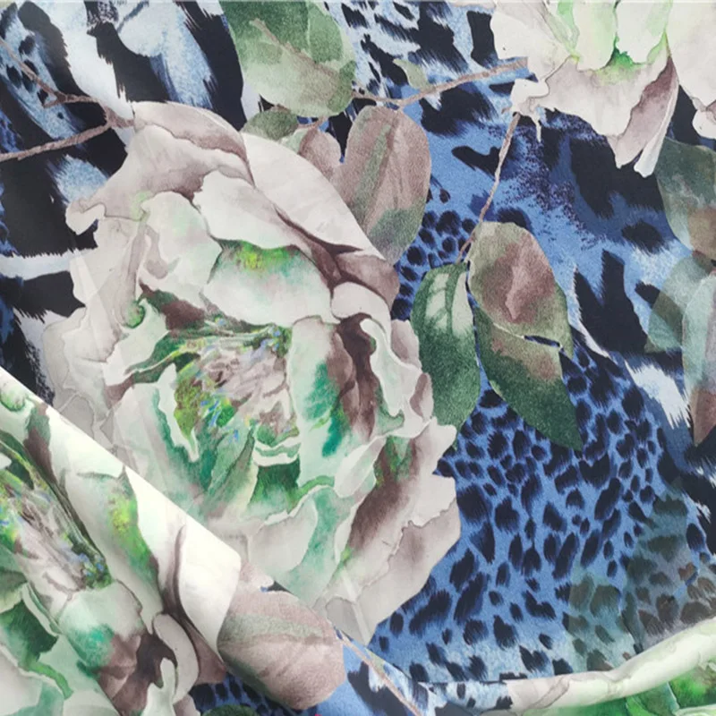 Buono, elastico a 4 vie, tessuto a maglia di seta del latte, tessuto di stampa leopardo bianco verde peonia/blu, fai da te, cucito