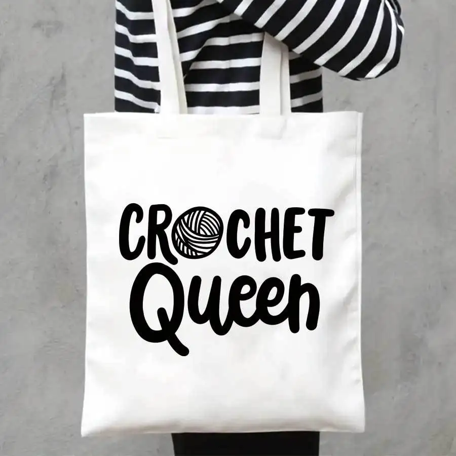 1pc Crochet Queen Canvas Tote Bag | Large Capacity, Durable, White, Ideal for Parties, Travel, Shopping, Perfect Birthday & Vale