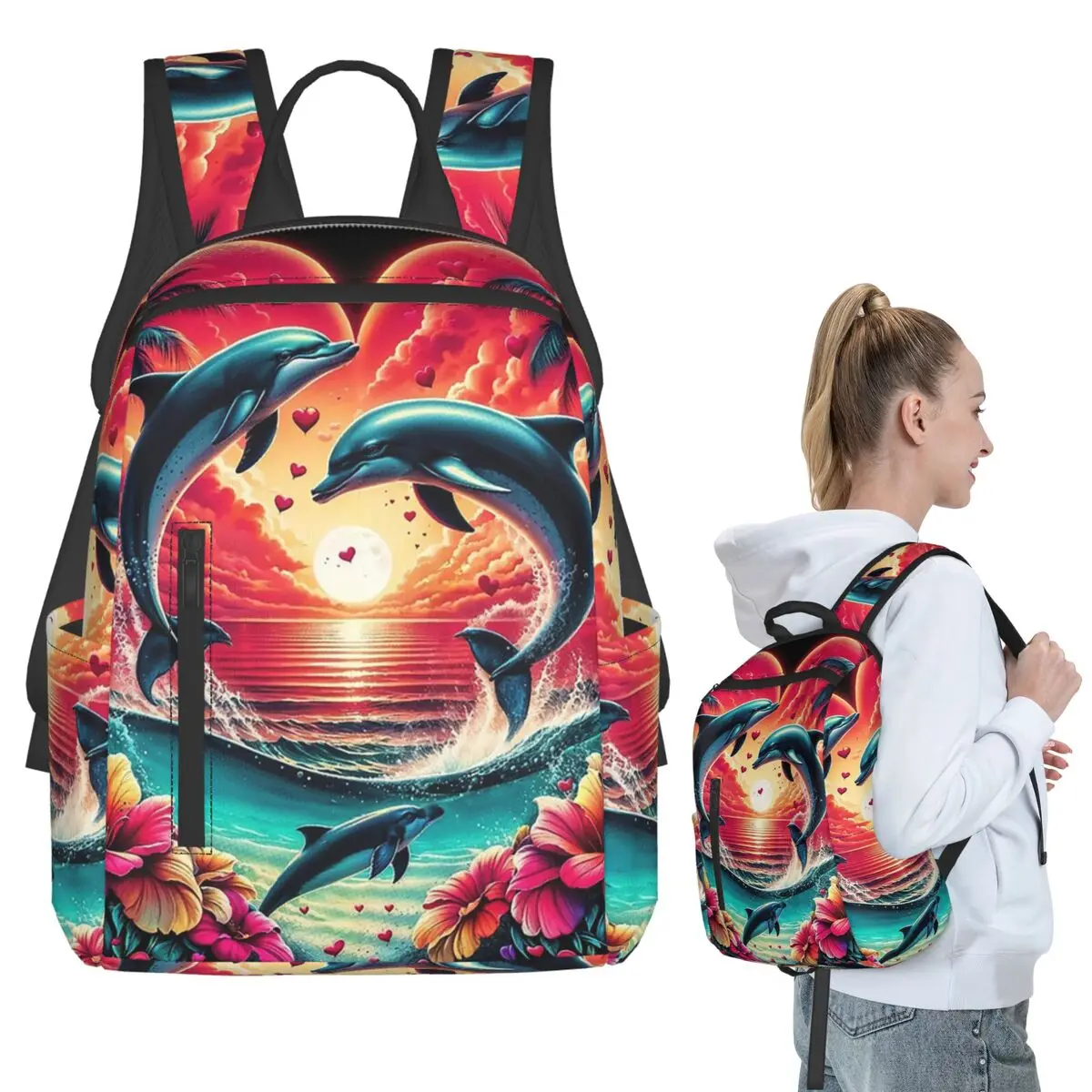 Dolphin With Moon And Floral Sunset Backpack Student BookBag Children School Bag Laptop Shoulder Bags Men Women