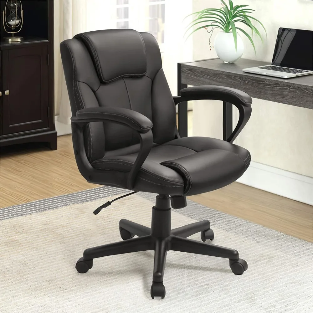 Chaise de bureau ergonomique en cuir PU, siège de travail à percussion, dos moyen, support de taille, noir