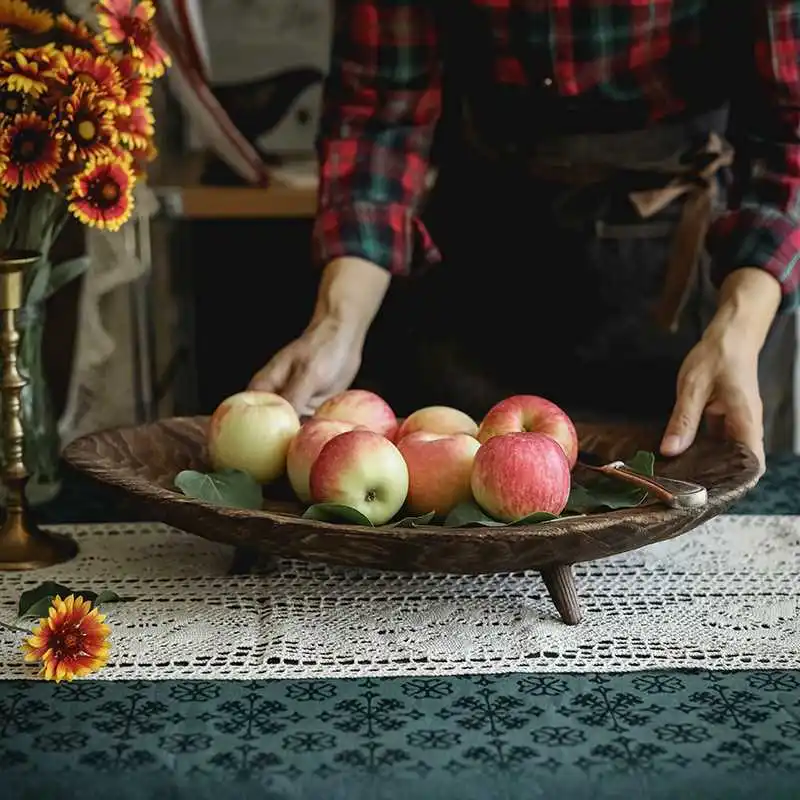 Natural INS Vintage Countryside Style Wood Fruit Snack Breakfast Large Tray Oval Flat Plate Fruit Tray Beautiful Decorative