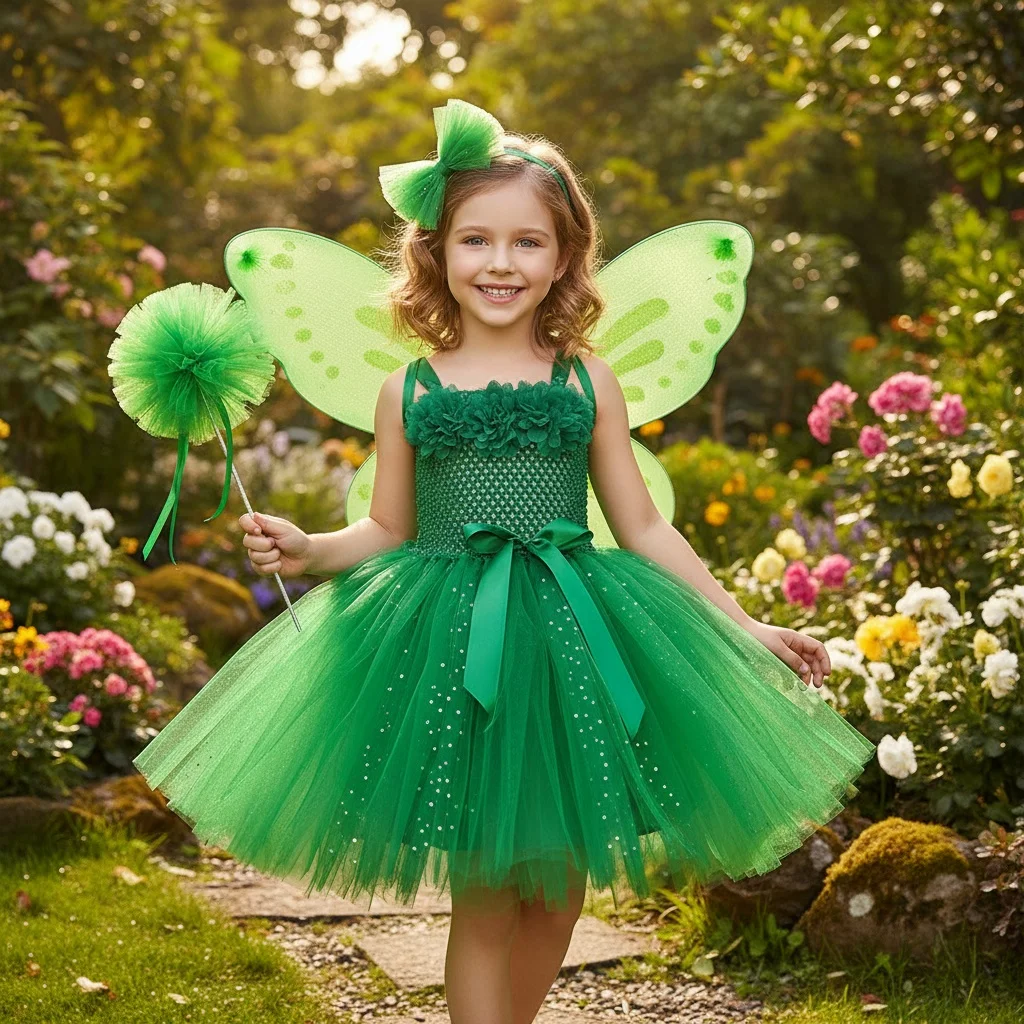 Girls Blue Glitter Tutu Dress Kids Flower Fairy Dress with Butterfly Wing Stick Children Party Costume Princess Dresses