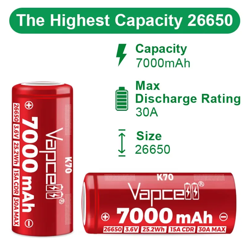 بطارية Vapcell K70 26650 الأصلية 7000mAh CDR 15A Max 30A قدرة عالية 26650 خلية بطارية ليثيوم أيون قابلة للشحن