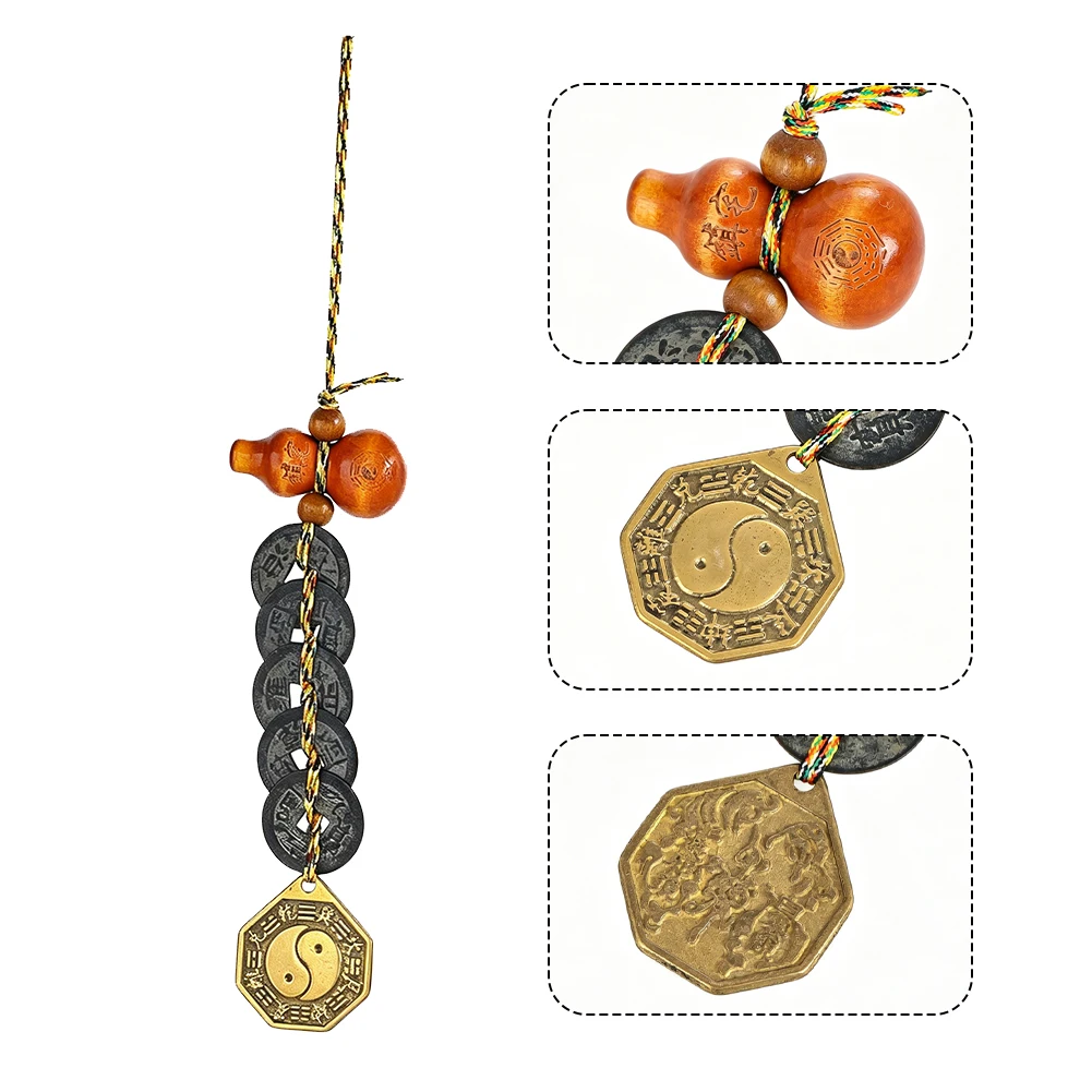 Chinese Style Bagua Alloy Copper Coins Ornament Peachwood Gourd Safety Amulet Protection Home Auto Feng Shui Good Luck Pendant