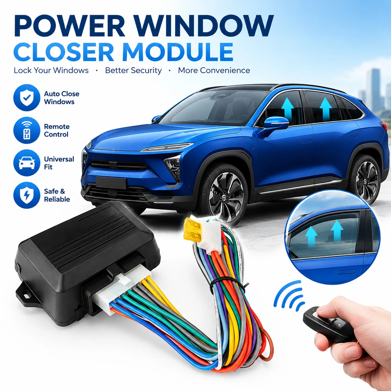 Hippcron Car Power Window Control Window Closer 12V Universal Module for 4 Door Cars Power Window Closer With Wire Harness