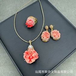 New national style peony flower three-piece set hand-carved high-end jewelry niche light luxury jewelry manufacturer supply