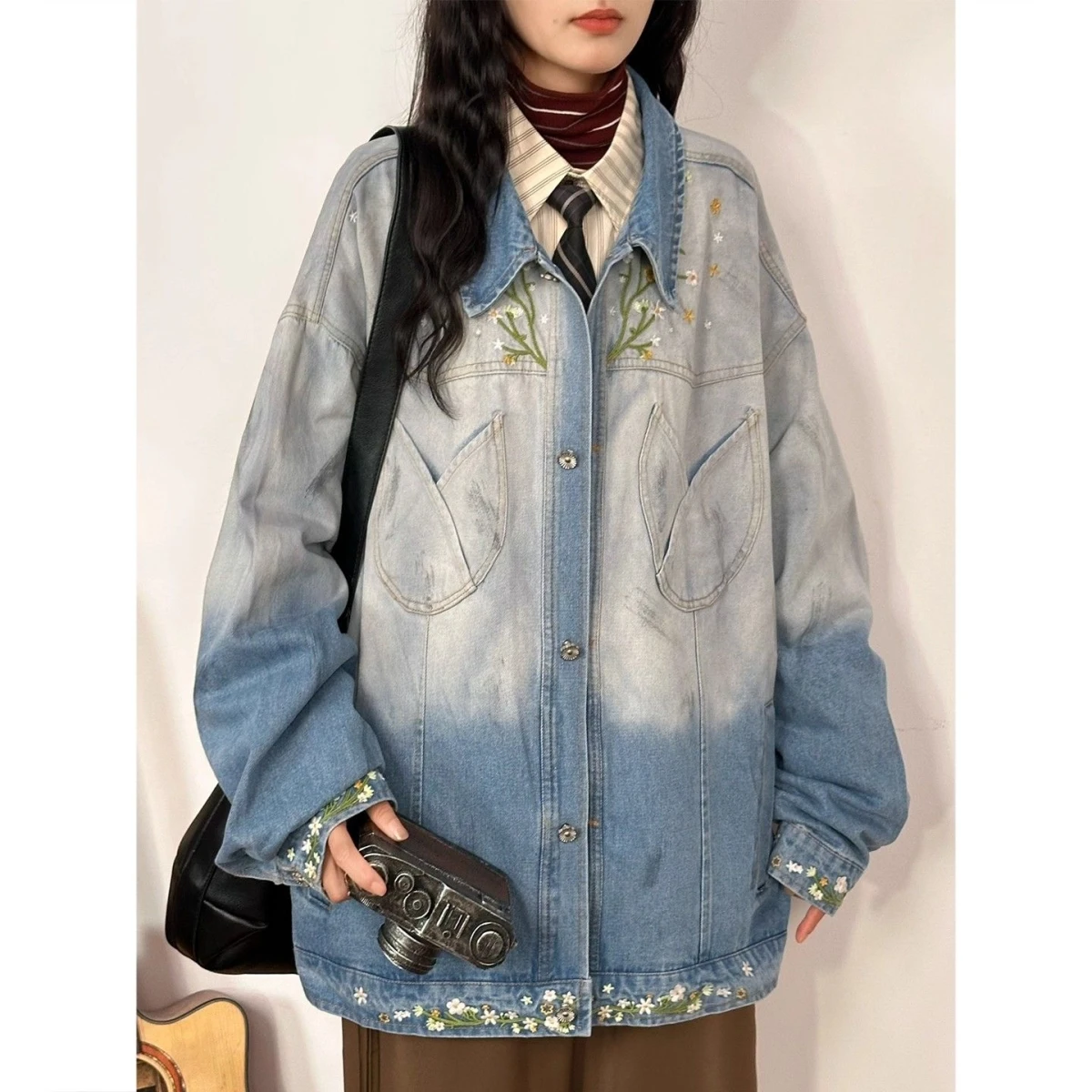 

Retro American Floral adient Embroidery Denim Jaet ex Spring Autumn Faion Design Sense Outerwear for Teens
