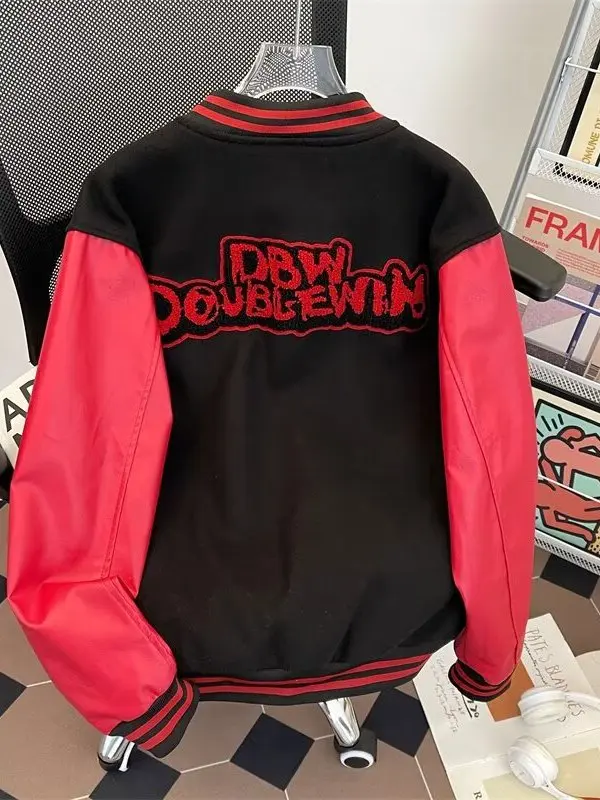 レトロアメリカン刺繍入りベースボールジャケットルーズカジュアル春秋ユニセックス服長袖レターパターンコート