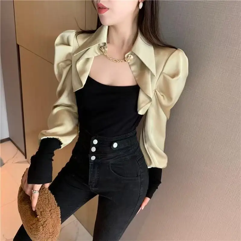 

Office Lady Solid Color Patchwork Shirt Two Spring Autumn Women's Clothing Korean Fashion Button Chain Blouse Slim Tops