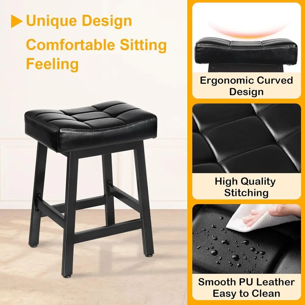 Pair of 24.4 Counter Height Bar Stools with 4.1 Thick Saddle Seats, Curved Design, Metal Base, Easy Assembly, Ideal for Kitchen