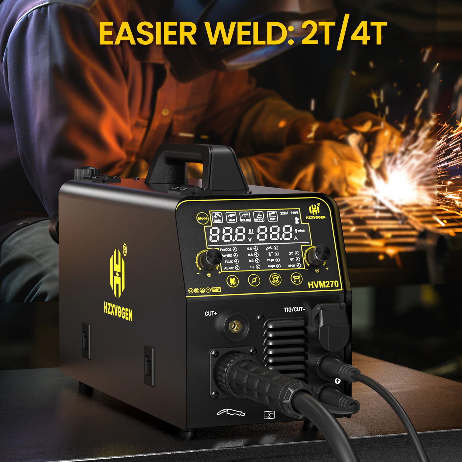 6 in 1 Welding Machine HZXVOGEN HVM270 Gas MIG Gasless MIG HF TIG MMA Plasma Cut Digital LED Screen IGBT Inverter 2T/4T