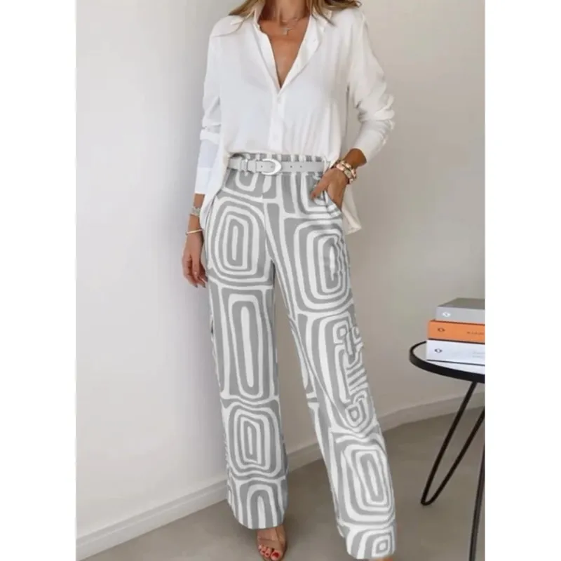 Summer Autumn Casual Suit For Women High-end Sensory Communication V-neck Long Sleeved Shirt Loose Pants Two-piece Set For Women