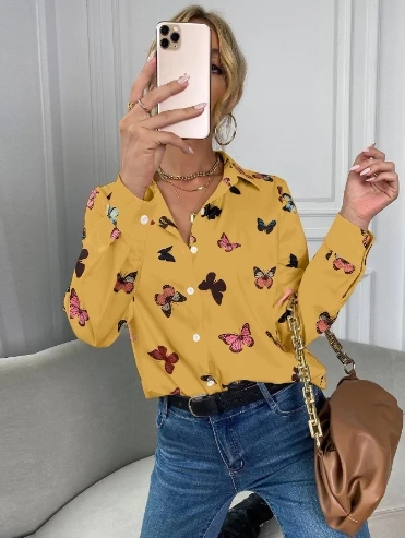 Fashion Autumn Women's Blouse Digital Printed Long Sleeved Shirt Butterfly Printed Shirt Temperament Commuting Casual Shirt