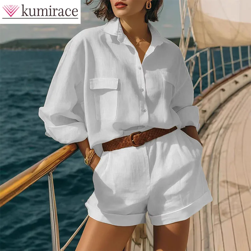 

Женский модный повседневный комплект из хлопка и льна: рубашка свободного кроя на пуговицах и шорты, однотонный, весна-лето 2026