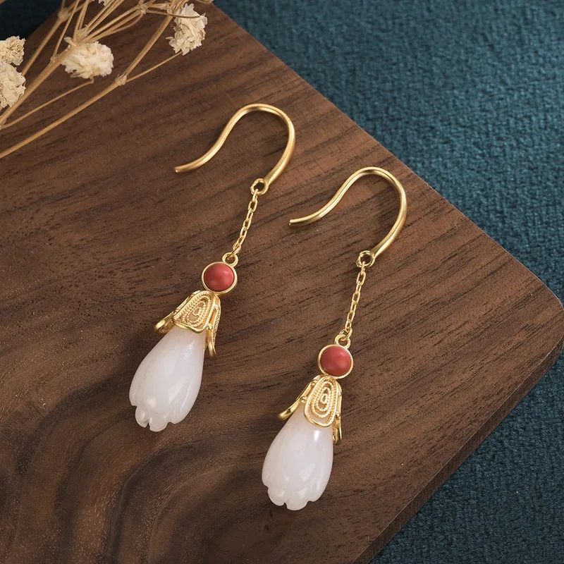 China Palace Style Long Magnolia Flower Earrings Imitation Hetian Jade With Hanfu Cheongsam Earrings for Women Ear Jewelry Gift