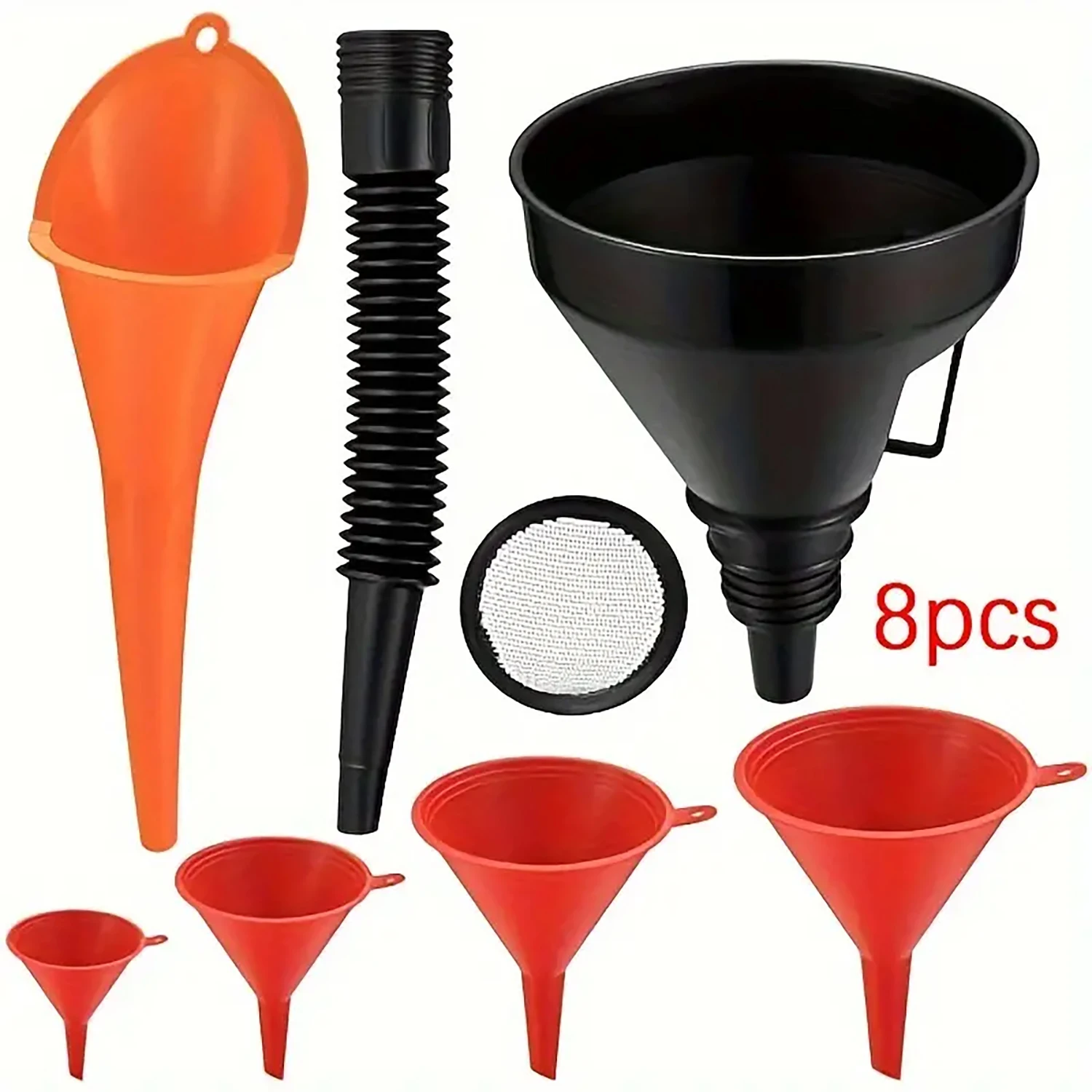 

8-Pack, Filling Funnel Set, Multi-Purpose Funnel with Hose, Removable Spout and Long Funnel for Cars, Workshops and Home