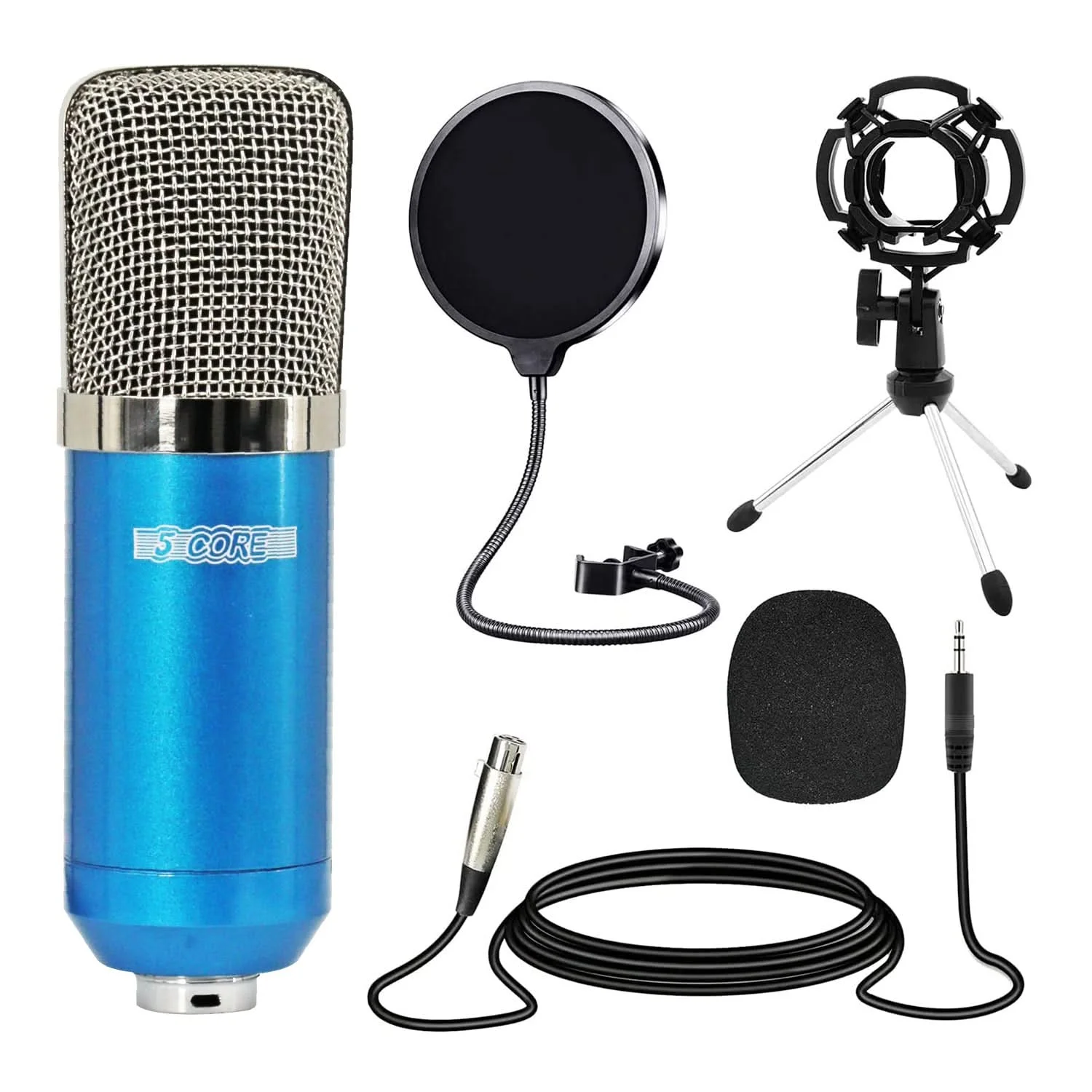

5 Core Recording Microphone Podcast Bundle Professional Condenser Cardioid Mic Kit w Desk Stand RM 7 BLU