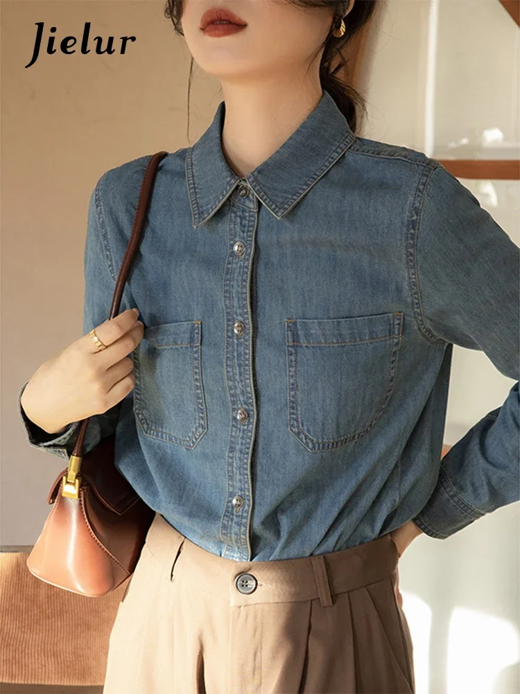 

Jielur Spring New Denim Long-Sleeved Shirt Female Casual Loose Fashion Street Chic Women Shirt Blue Slim Simple Basic Top Female