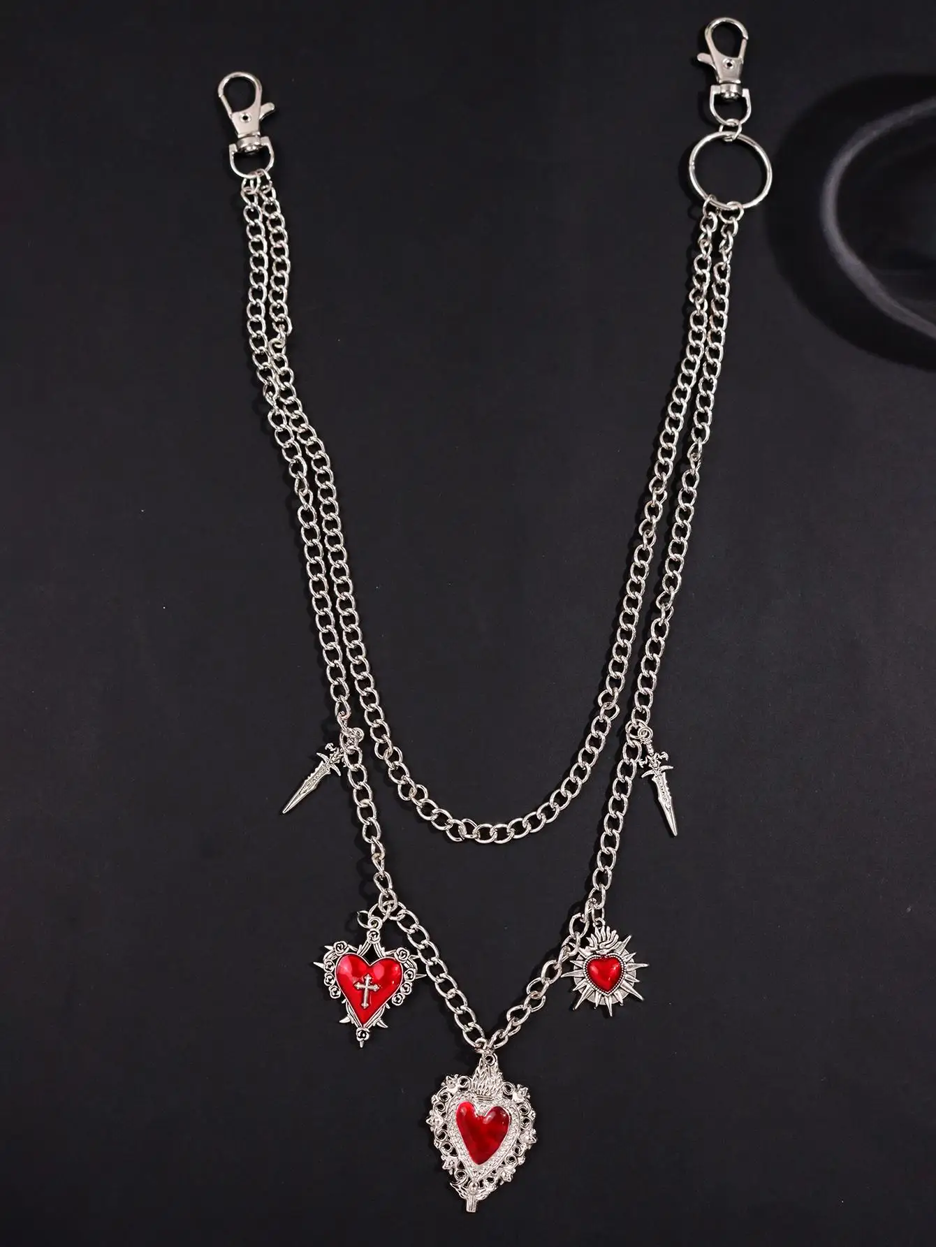 Gothic punk Hip-hop Red Oil dripping Metallic Heart Pendant Silver Color Multi-layered Pants Chain