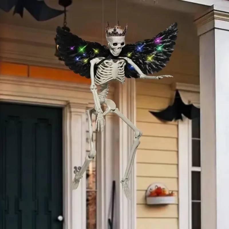 Halloween Hanging Wing Skeletons Halloween Skull Decorations With Glowing Wings Movable Joint Crown Skeleton Ornament