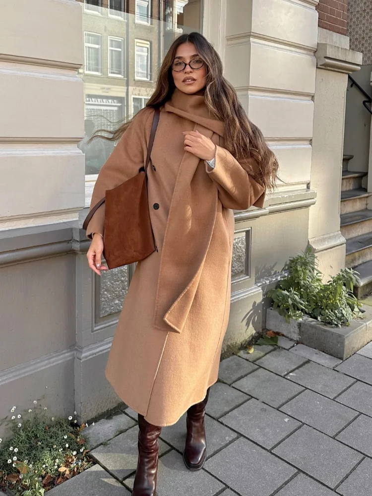 2024 Chic Double-breasted Scarf Collar Woolen Overcoat Women Elegant Solid Oversized Long Sleeve Coat New Popular Lady Outerwear