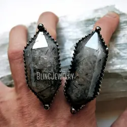 10pcs Witch Tourmalinated Quartz Double Crystal Point Goth Fairycore Ring Women Stainless Steel Boho Halloween Gothic Jewelry