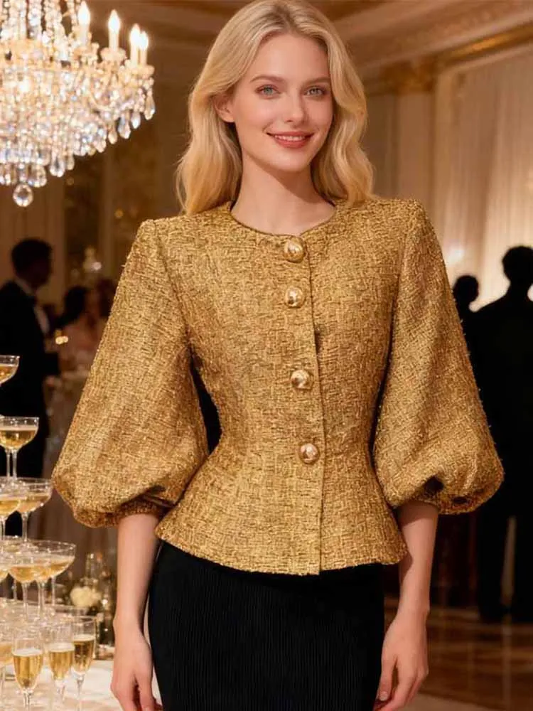 

MCDV 2025 Chic Lantern Sleeve Tweed Jacket Coat Women Metal Single Breasted Waist Cinching Female Elegant Outerwear Temperament