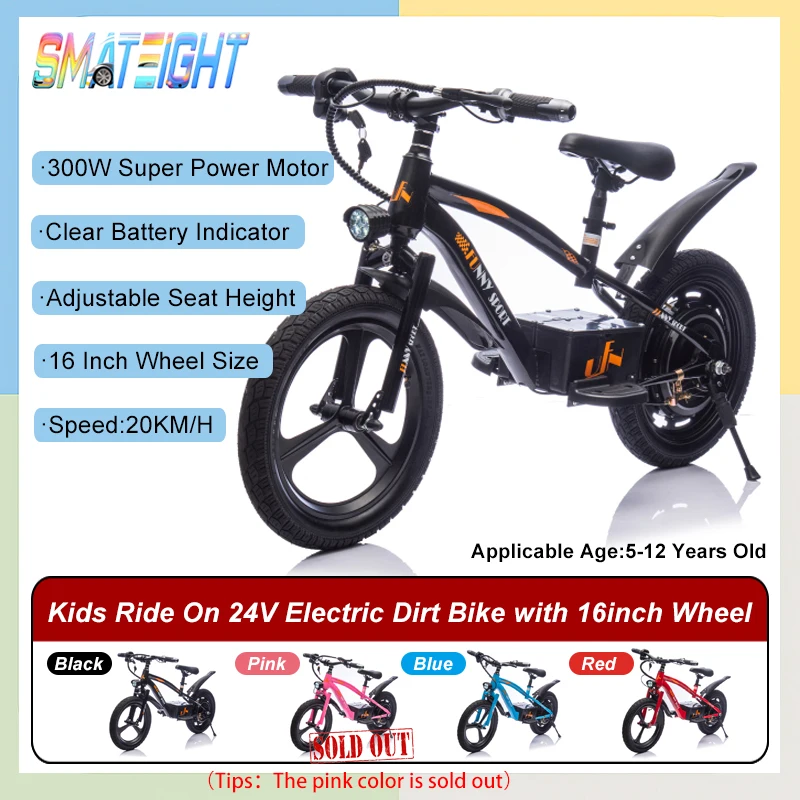 

24V Kids Electric Dirt Bike 300W Powerful Motor 16in Tires Hand Brake LED Power Display Adjustable Seat Off-Road Motorcycle