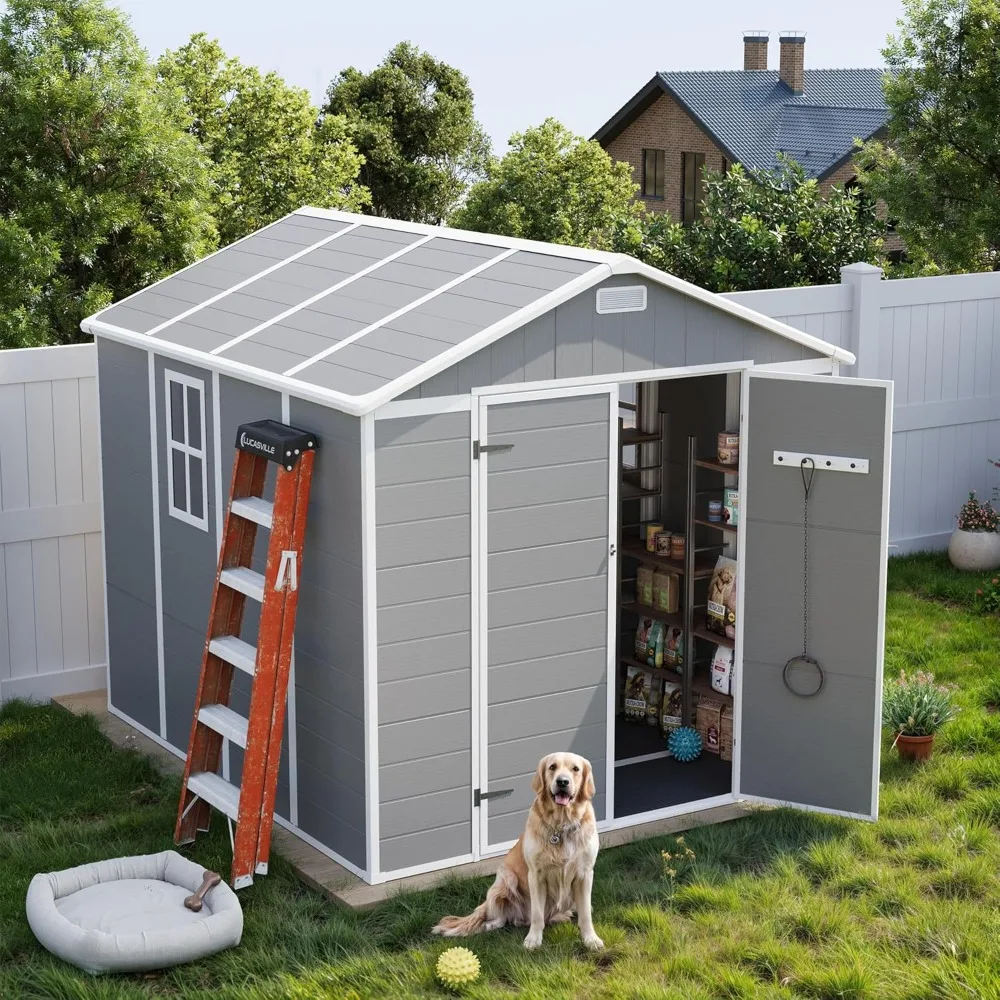

Outdoor Storage Shed 8 X 8 Feet, Resin Garden Shed, Plastic Patio Outdoor Storage Shed with Lockable Door, Off-white