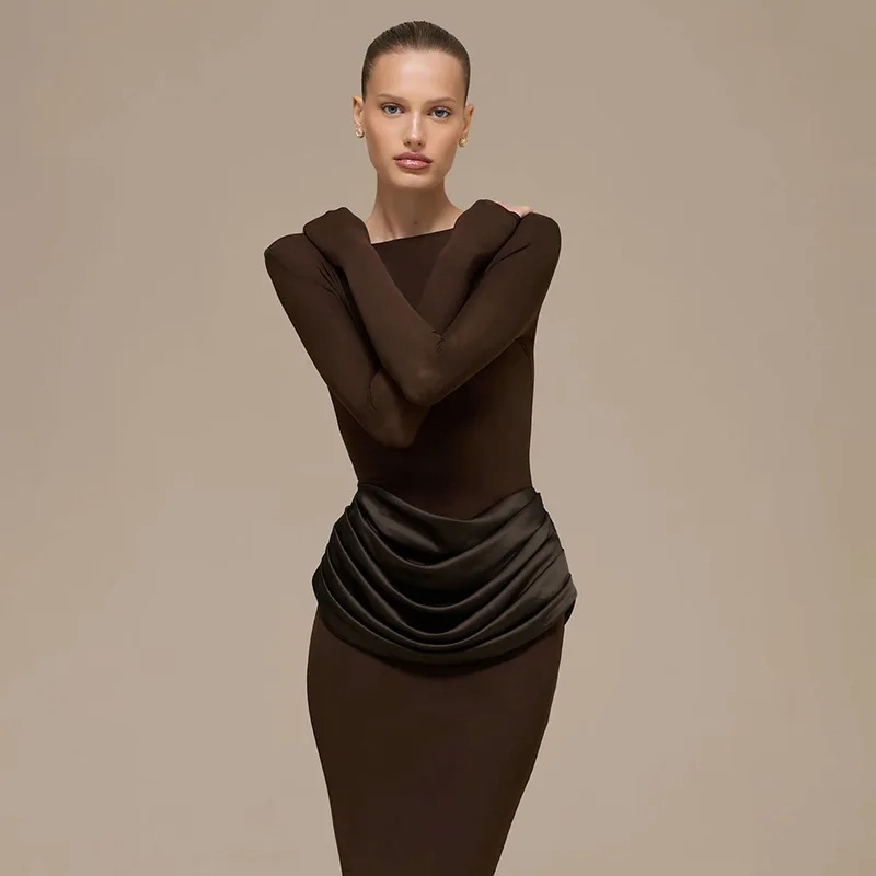 Gaun Maxi Klasik Wanita Musim Gugur Baru Lengan Panjang Kerah O Satin Sambungan Membentuk Tubuh Vestidos Mujer Gaun Pesta Malam Trendi