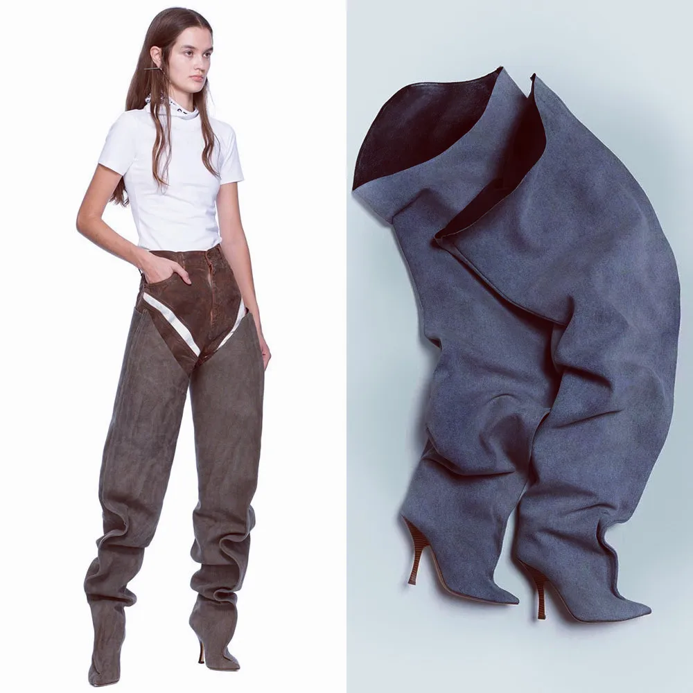 

2025Autumn and Winter New Women's Wide Leg Stiletto High Heel Knee Long Boots Pointed 34-45 Large Leg Women's Boots