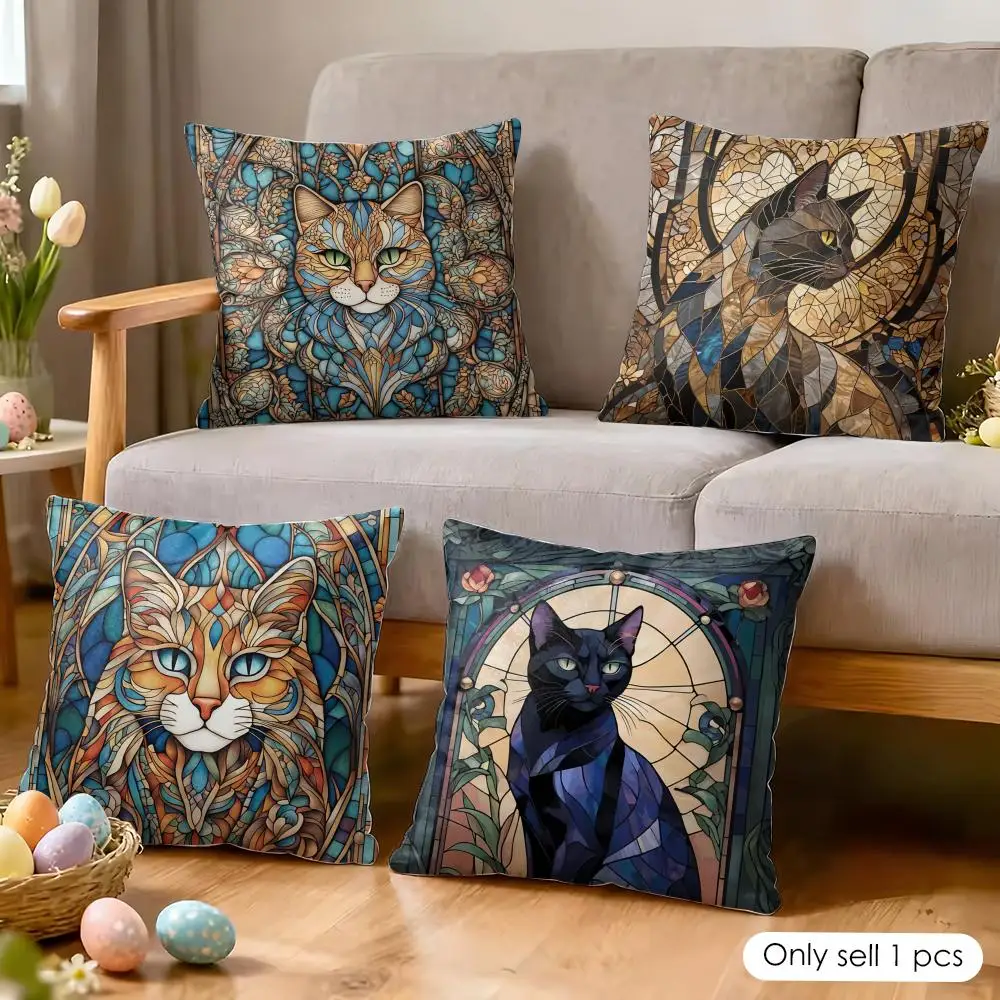 Stained Glass Cat Art Cushion Cover Soft Short Plush Pillow Cover Smooth Cozy Texture Aesthetic Cushion Case Home Decor