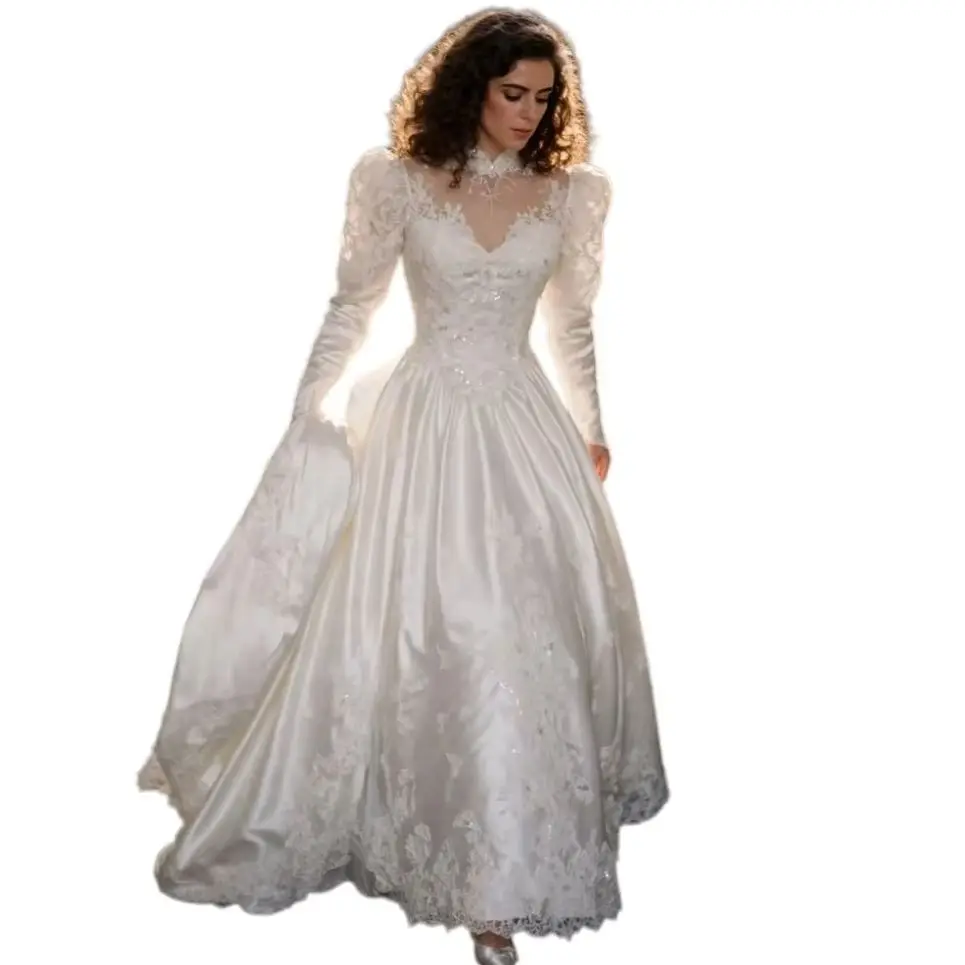Vintage Victorian Ball Gown Wedding Dress Puff Long Sleeves Lace Satin A Line Princess Bridal Gown Chapel Train Customized
