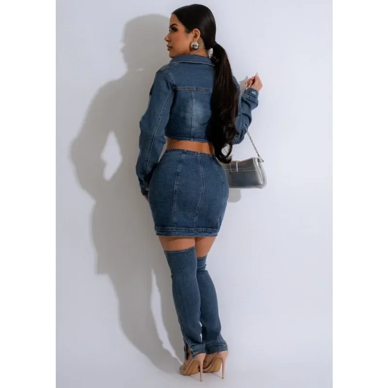 2024 Autumn Denim Embroidery Slim Casual Dress Set Women Turn Down Collar Single Breasted Short Jacket Bodycon Skirt Streetwear