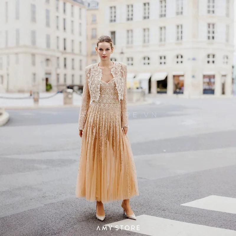 BEWQ Fashion Women's 2 Pcs Set Long Sleeve Embroidery Short Tops Slip Pleated Lining Dresses Suit Evening Party 2025 Autumn New