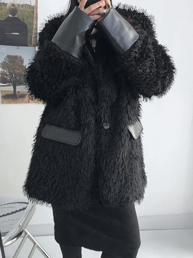 [EAM] Loose Fit Black Tassels Big Size Thick Jacket New Lapel Long Sleeve Women Coat Fashion Tide Spring Autumn 2024 1DF1482