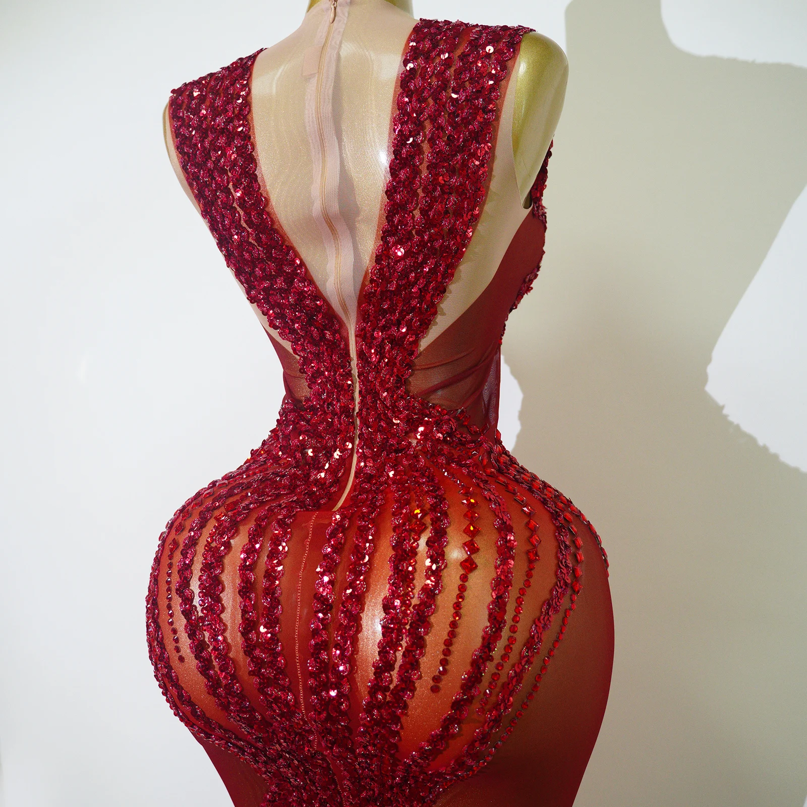Elegant Sexy Evening Party Gowns Red Rhinestones Sequins See Through Long Dress Celebrity Evening Club Party Dresses Costumes - view 5