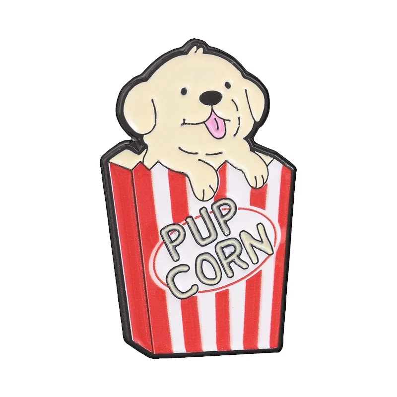Pupcorn Puppy Popcorn Cartoon Enamel Pin Cute Dog Movie Snack Food Pun Brooch Lapel Badge Jewelry Gift for Dog Lovers Cinema Fan