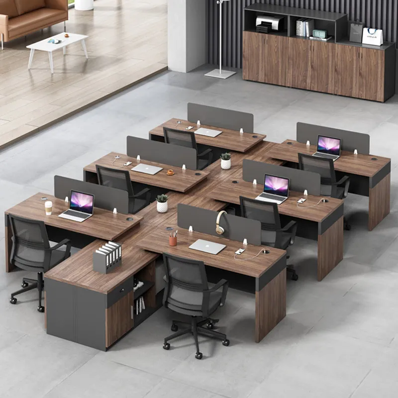 Financial L-shaped Wood Office Desk With Drawers And Simple Modern Staff Three-Seat Cubicle Desk And Chair
