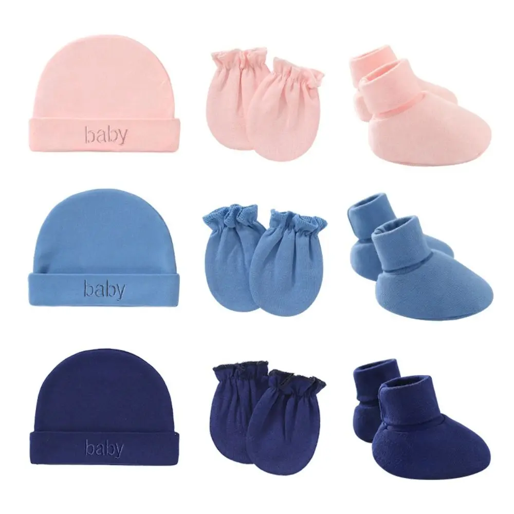3pcs/ Set Solid Color Mittens Socks Hat Cap Monolayer Stretchy Cap Gloves Foot Cover Letter Embroidery Cotton Accessories view 3