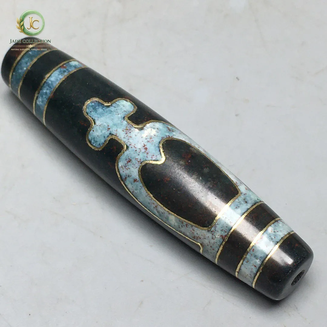 Tibetan Cinnabar Old Agate Dzi Inlaid gold wire Aquarius Bead Amulet S0415
