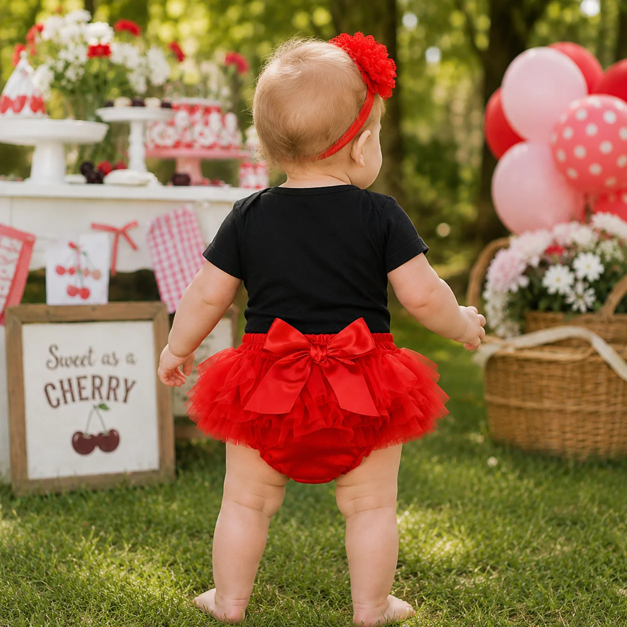 Baby Girl Sweet Cherry Babe Tutu Romper Set With Headband Cotton Short Sleeve Onesie Red Tulle Skirt 1st Birthday Outfit Infant