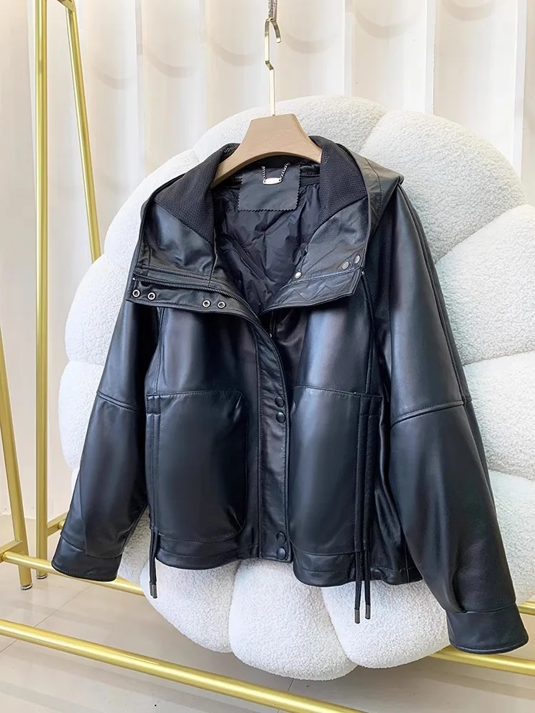 Women New Winter Genuine Leather Down Coat Removable Liner Stand Collar Loose Fit Female Casual Warm Sheepskin Hooded Short Coat